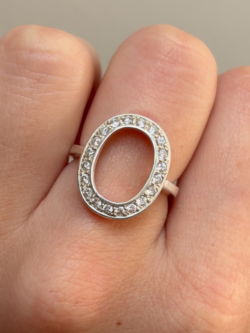 Sterling Silver Vintage Pave Cubic Zirconia Open Oval Cocktail Ring